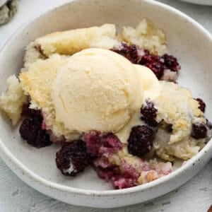 A bowl of Blackberry Cobbler topped with a scoop of vanilla ice cream. The cobbler has a golden crust and juicy berries visible beneath the ice cream.
