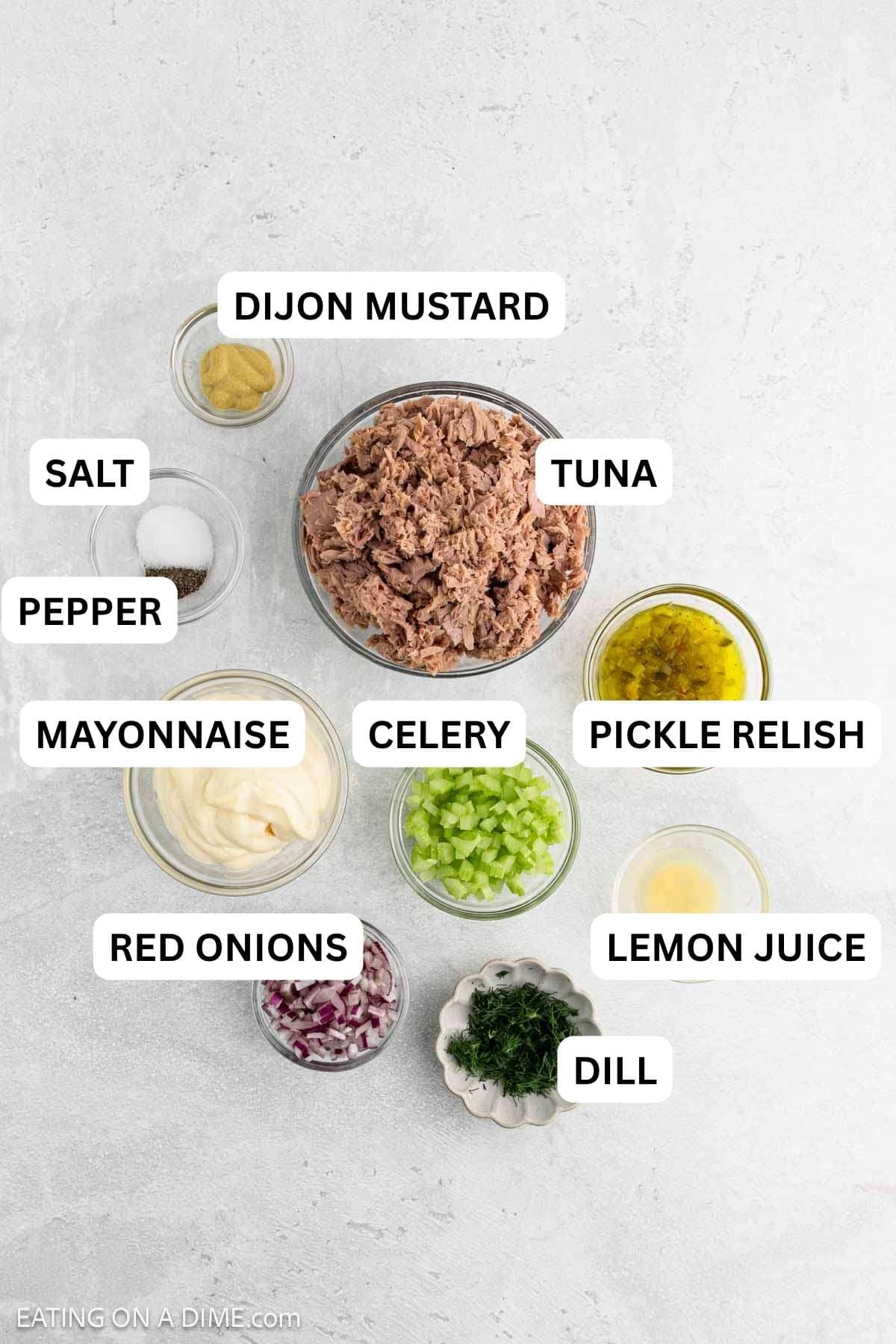 Ingredients needed to make this recipe which includes tuna, mustard, salt and pepper, mayonnaise, chopped celery, chopped red onion, chopped dill, relish, and lemon juice on a light surface.