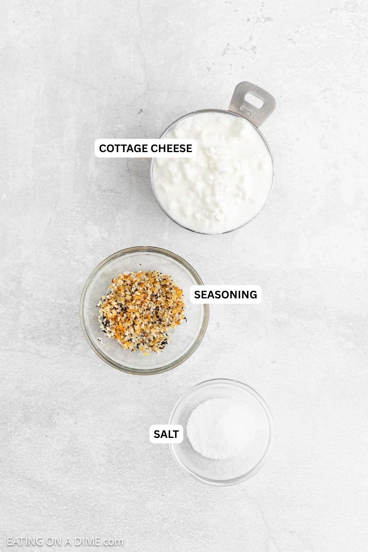 Ingredients for recipe: cottage cheese, seasoning and salt.