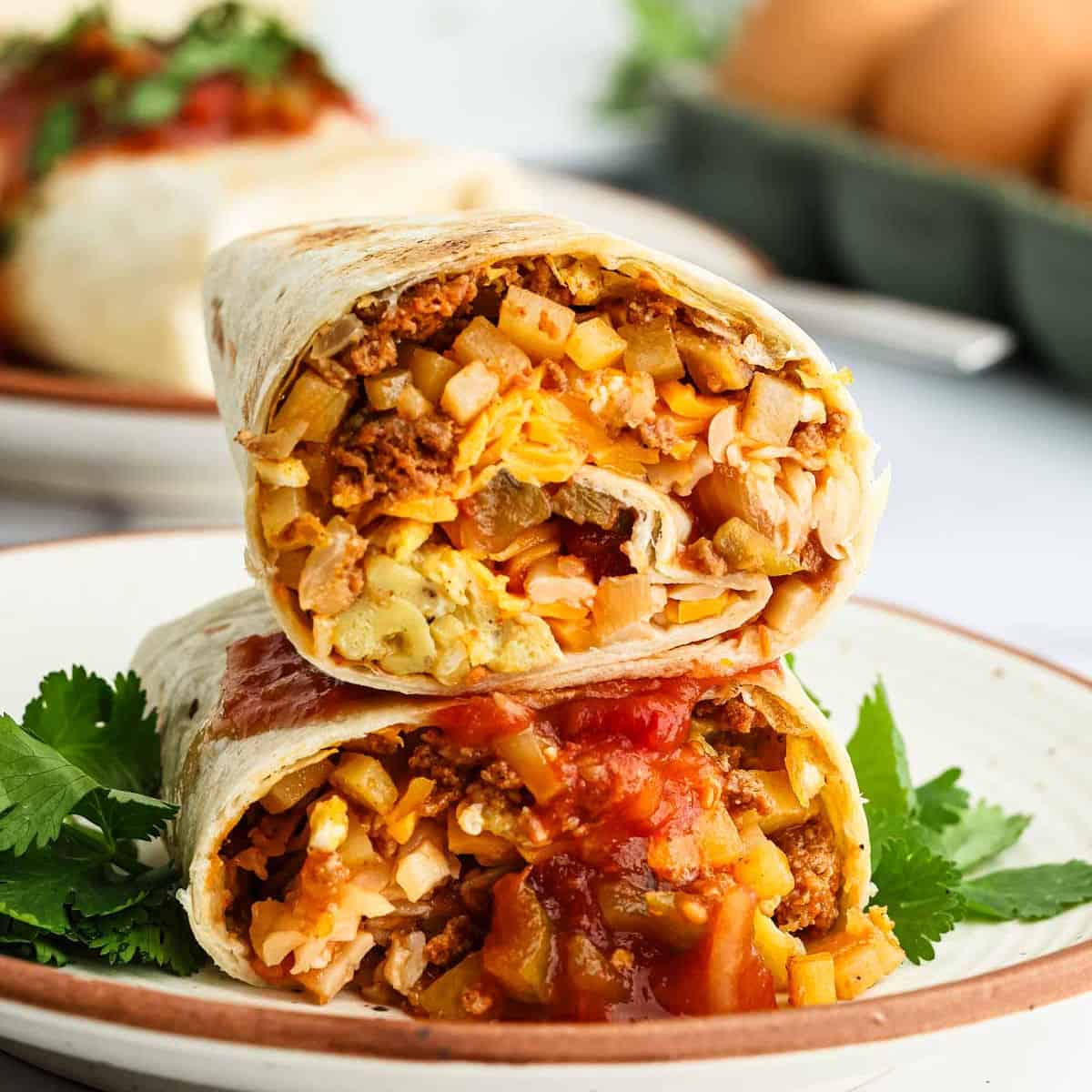 Mexican breakfast burrito on a plate.