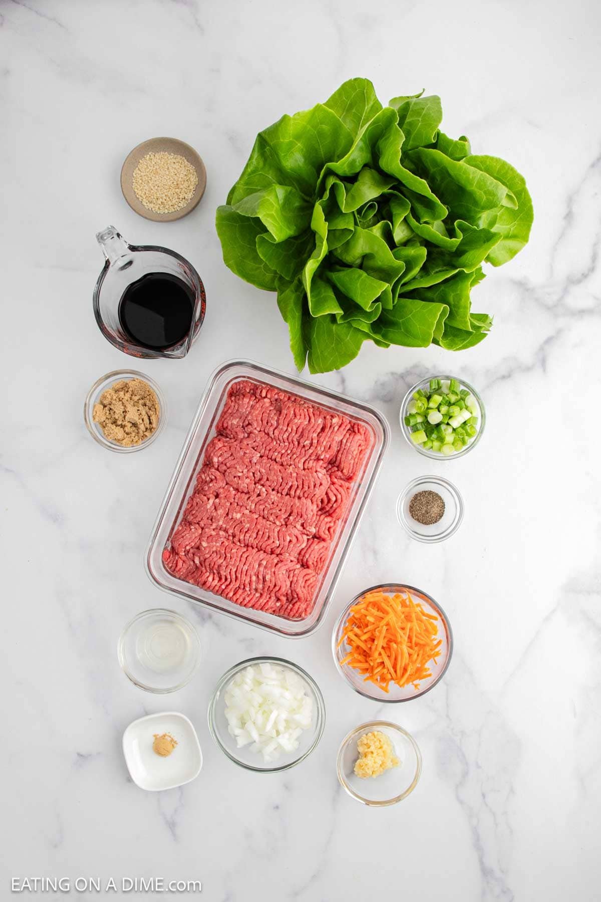 Ingredients - Ground beef, onion, carrots, minced garlic, pepper, ginger, rice vinegar, soy sauce, brown sugar, green onions, sesame seeds, butter lettuce