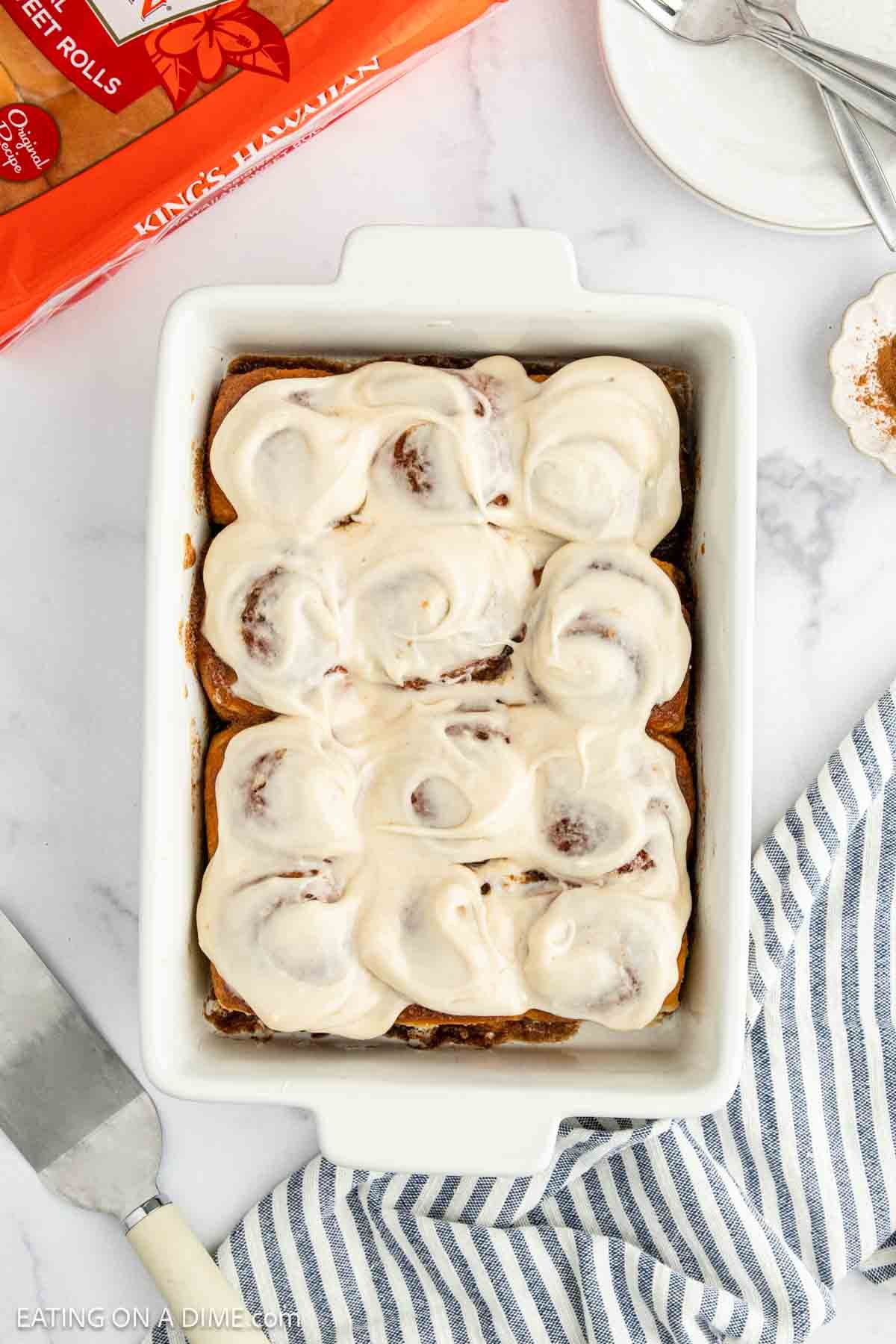 Prepared Hawaiian Cinnamon Rolls in a baking dish