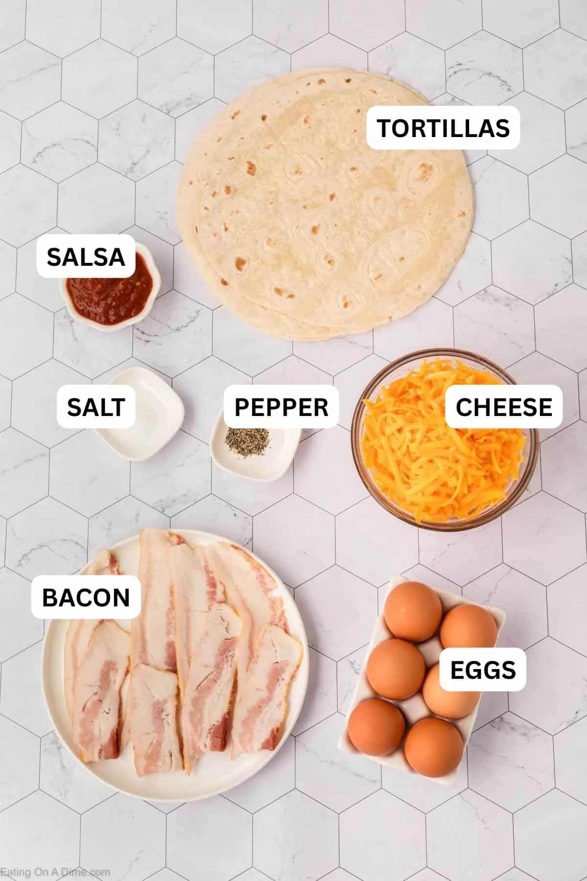 Ingredients for recipe: tortilla, salsa, salt, pepper, shredded cheese, bacon, and eggs.