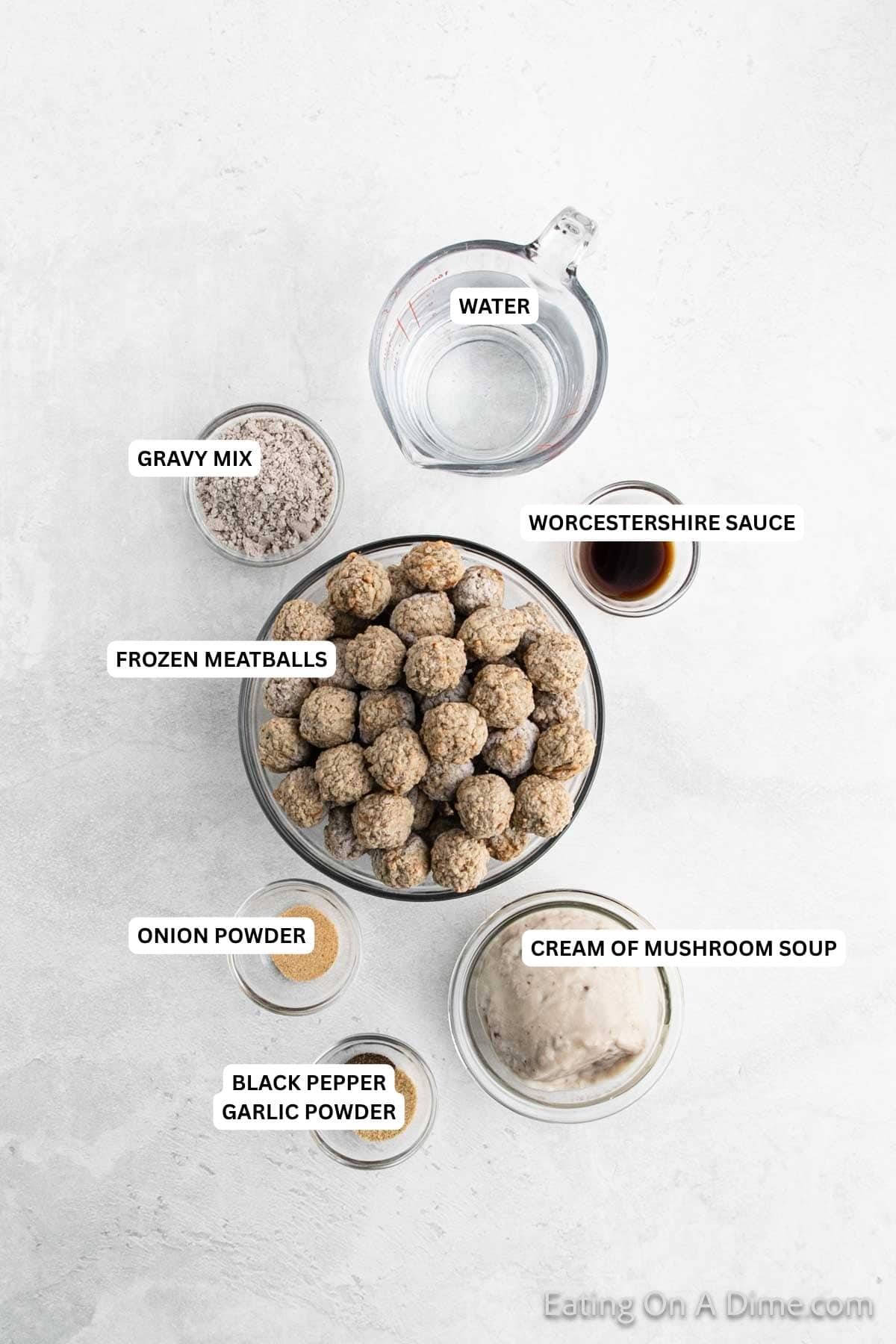 Ingredients for recipe: black pepper, garlic powder, cream of mushroom soup, onion powder, frozen meatballs, Worcestershire sauce, gravy mix and water.