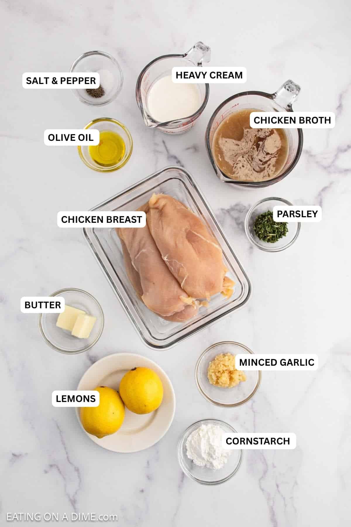 Ingredients for recipe: salt, pepper, olive oil, heavy cream, chicken broth, chicken breasts, parsley, butter, lemons, garlic and cornstarch.