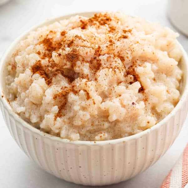 A white bowl filled with creamy Slow Cooker Rice Pudding, topped with a sprinkle of ground cinnamon.