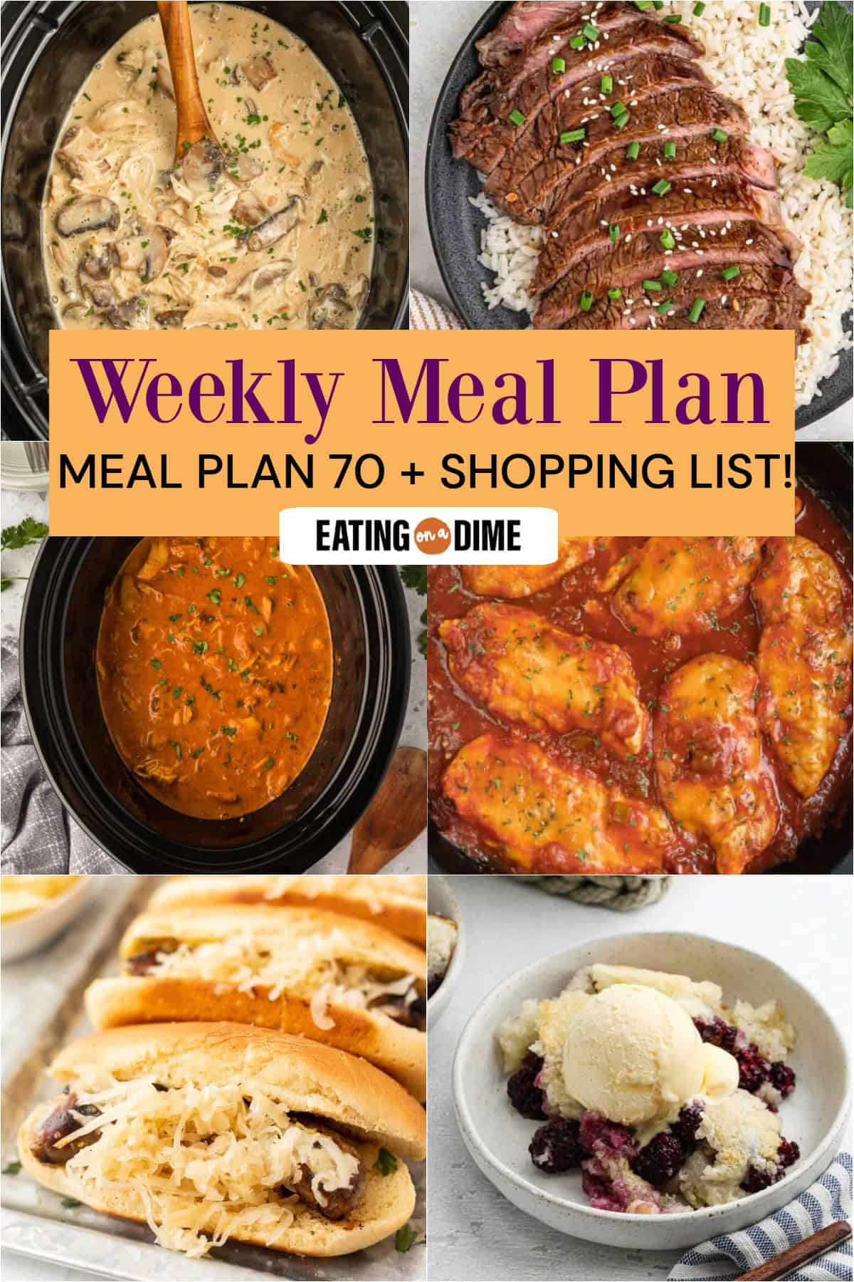 6 images of the following Slow Cooker Chicken Stroganoff, Grilled Teriyaki Steak, Slow Cooker Chicken Tikki Masala, Skillet Salsa Chicken, Grilled Brats, and Blackberry Cobbler with an overlay texts that reads weekly meal plan, meal plan 70 + shopping list.