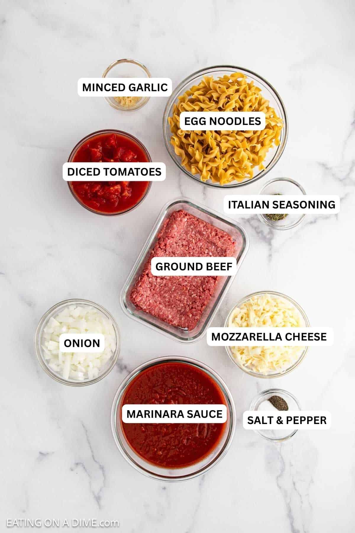Ingredients for recipe: ground beef, onion, minced garlic, egg noodles, marinara sauce, diced tomatoes, mozzarella cheese and Italian seasoning.