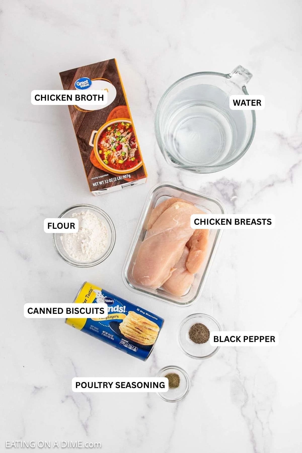 Ingredients for recipe: poultry seasoning, black pepper, canned biscuits, chicken, flour, chicken broth and water.