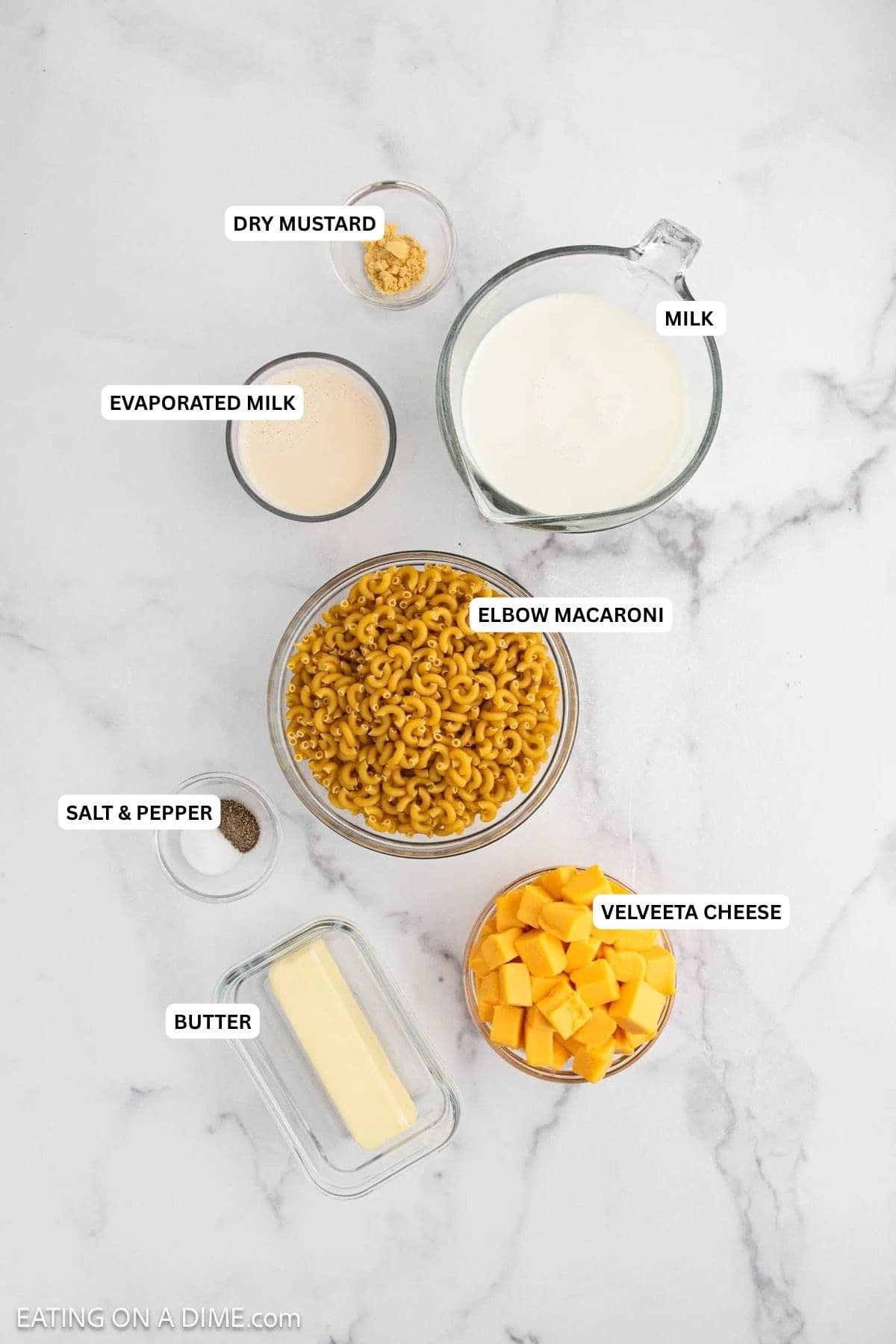 Ingredients for recipe: dry mustard, milk, evaporated milk, elbow macaroni, salt, pepper and butter