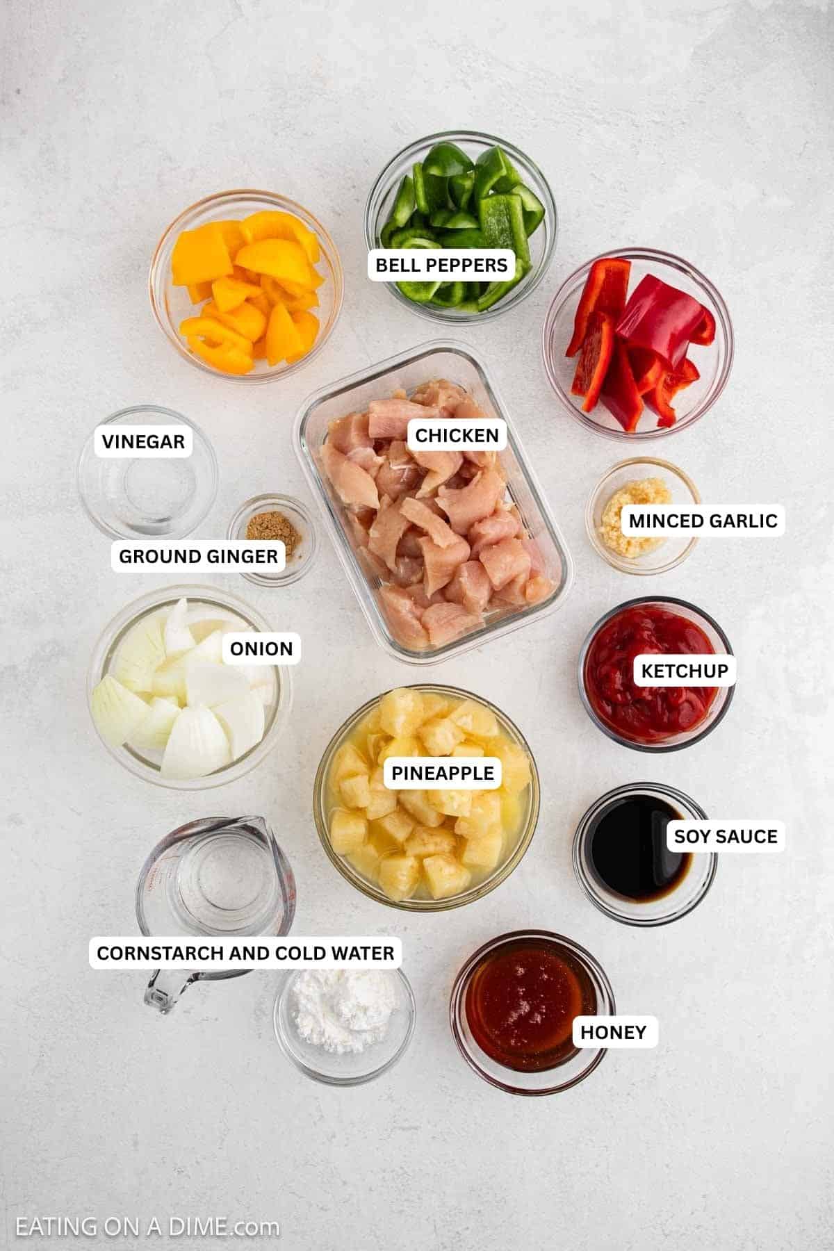 Ingredients for recipe: honey, soy sauce, cornstarch, water, pineapple, onion, ketchup, garlic, chicken, ground ginger, vinegar and bell peppers.