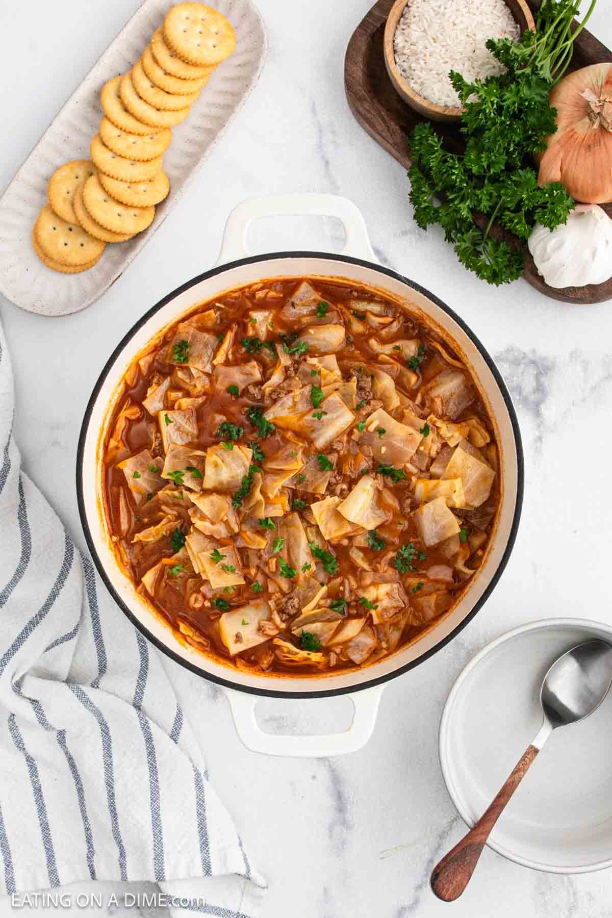 A pot of stuffed cabbage soup with chopped parsley on top sits on a marble counter. Nearby are a plate of crackers, a bowl of rice, fresh parsley, onion, garlic, an empty plate, and a spoon.