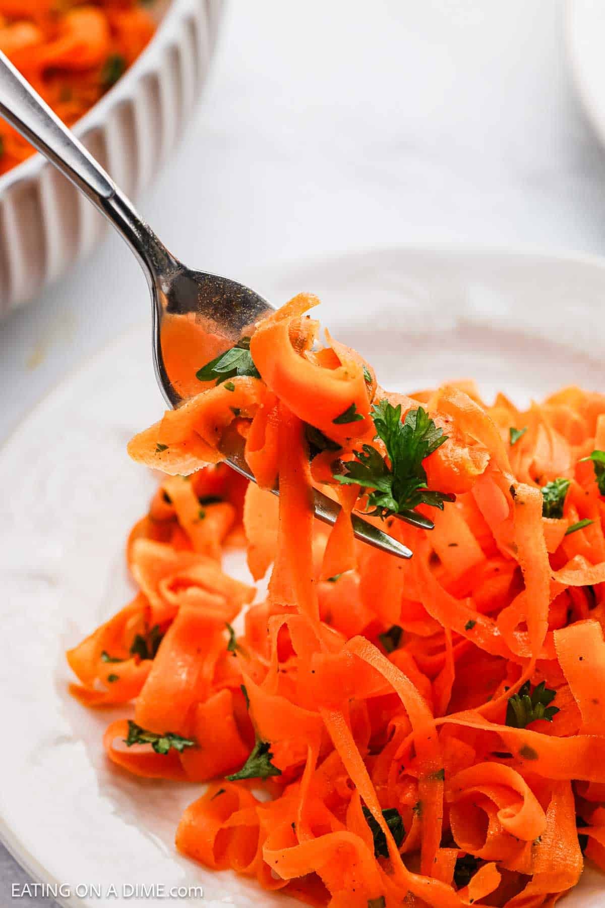 A fork holds a bite of Carrot Salad garnished with parsley, above a white plate piled with more of the vibrant salad. The dish features thin carrot strips and fresh herbs for a light, colorful side.