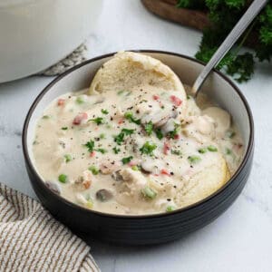 A bowl of creamy Chicken a la King-inspired pot pie soup with vegetables, garnished with herbs and black pepper, served with a biscuit and a spoon.