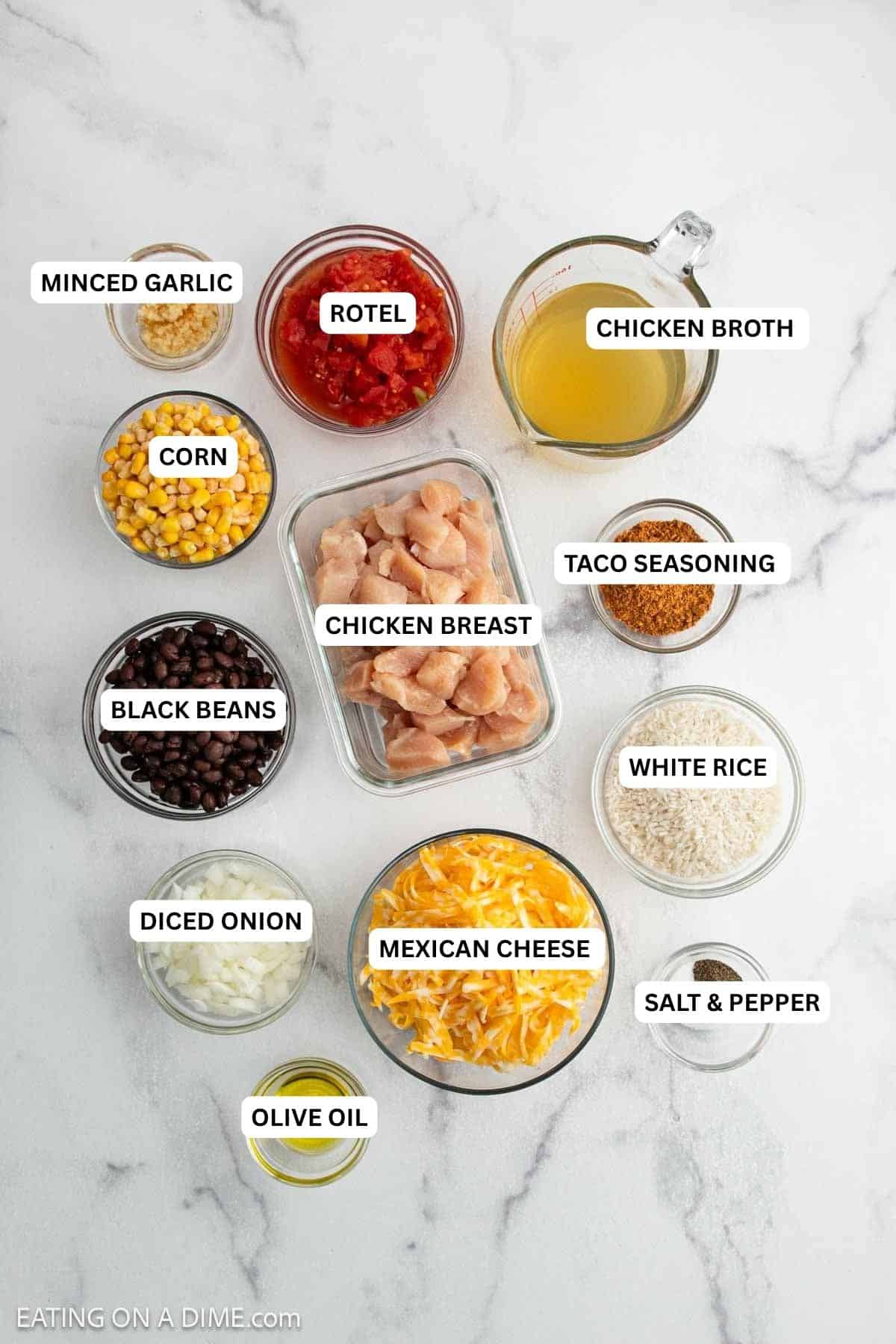 Ingredients for recipe: olive oil, chicken breast, onion, minced garlic, chicken broth, rice, diced tomatoes, black beans, corn, taco seasoning and Mexican cheese blend.