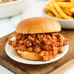 A Cajun Chicken Sloppy Joes sandwich filled with seasoned ground meat and zesty sauce sits on a white plate, with a bowl of crinkle-cut French fries in the background.