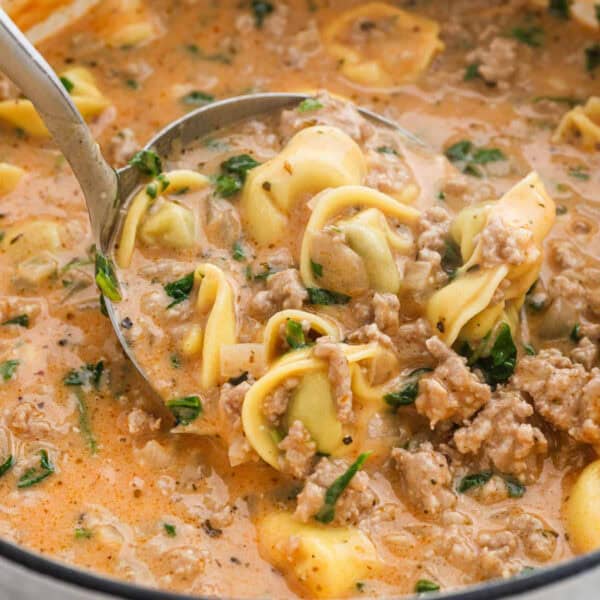 A close-up of a ladle scooping creamy tortellini soup with ground meat, spinach, and herbs from a pot. The creamy soup features a rich, orange-tinted broth with visible chunks of pasta and vegetables.