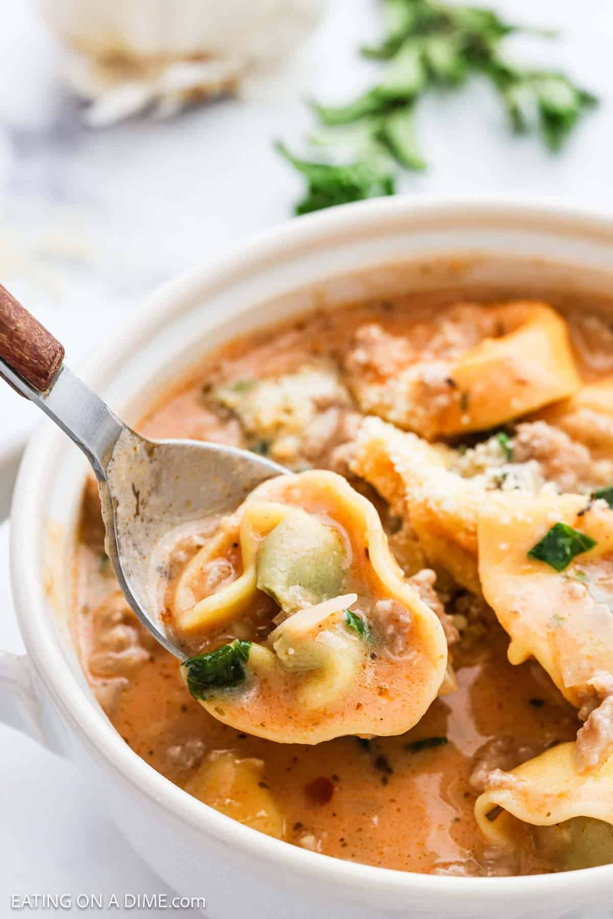 A close-up of a bowl of creamy tortellini soup with ground meat and herbs. A spoon lifts a piece of stuffed tortellini over the bowl, while fresh parsley and grated cheese top this inviting creamy soup.