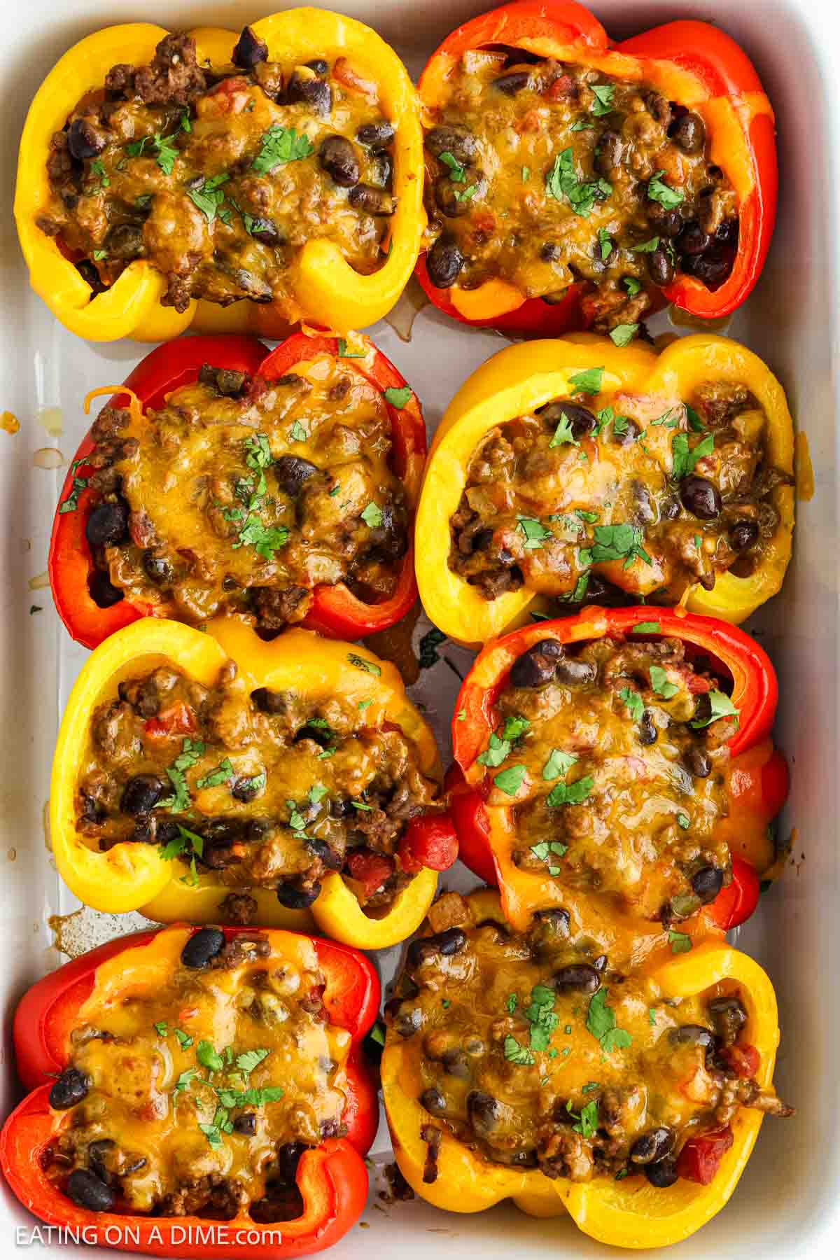 Nine halved red and yellow Taco Stuffed Peppers filled with ground meat, black beans, and melted cheese, garnished with herbs and arranged in a white baking dish—a delicious twist on the classic taco recipe.