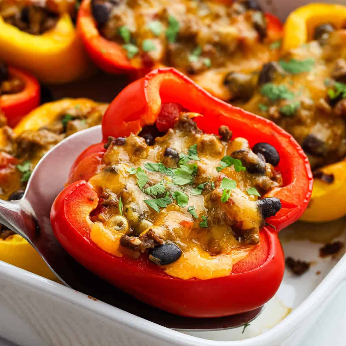 Close-up of Taco Stuffed Peppers filled with a cheesy mixture of ground meat, beans, and herbs, garnished with chopped cilantro in a white baking dish. A red pepper is being lifted out with a serving spoon—perfect for any taco recipe night.
