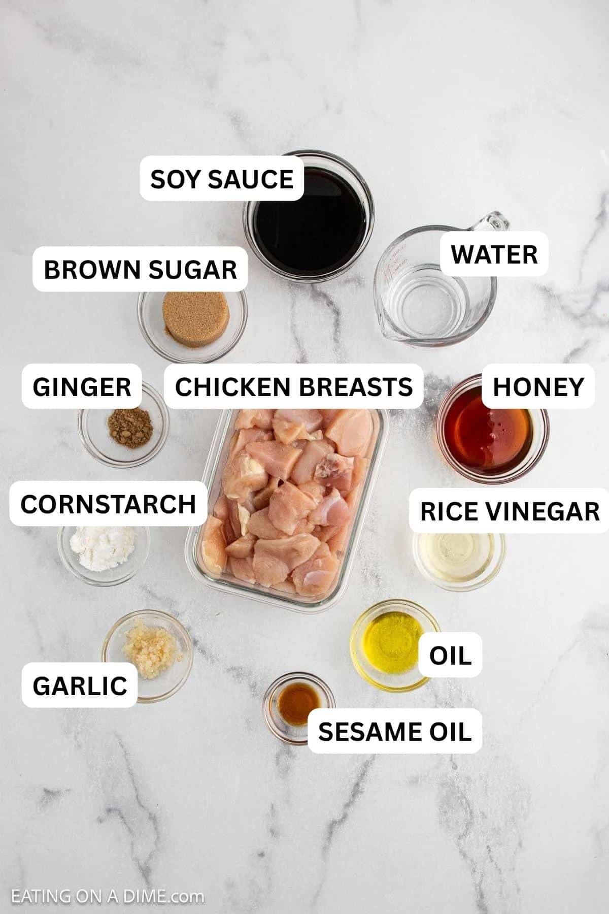 Ingredients needed to make this recipe which includes chicken, soy sauce, brown sugar, water, oil, cornstarch, garlic, and spices on a white surface.