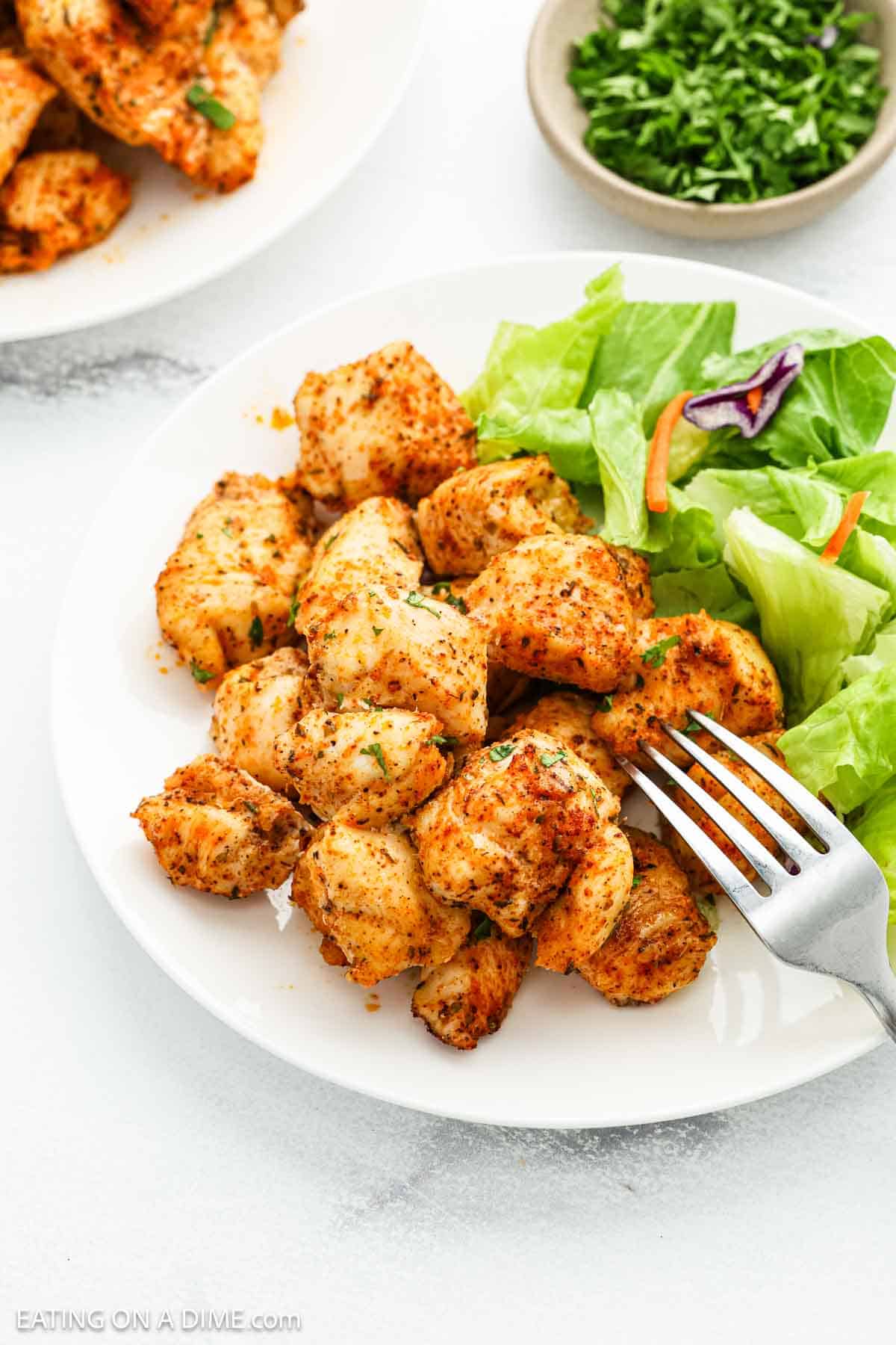 A white plate features Baked Chicken Bites, perfectly seasoned and cooked, served next to a fresh salad of lettuce and shredded carrots. A fork rests on the plate, with a small bowl of chopped herbs in the background.