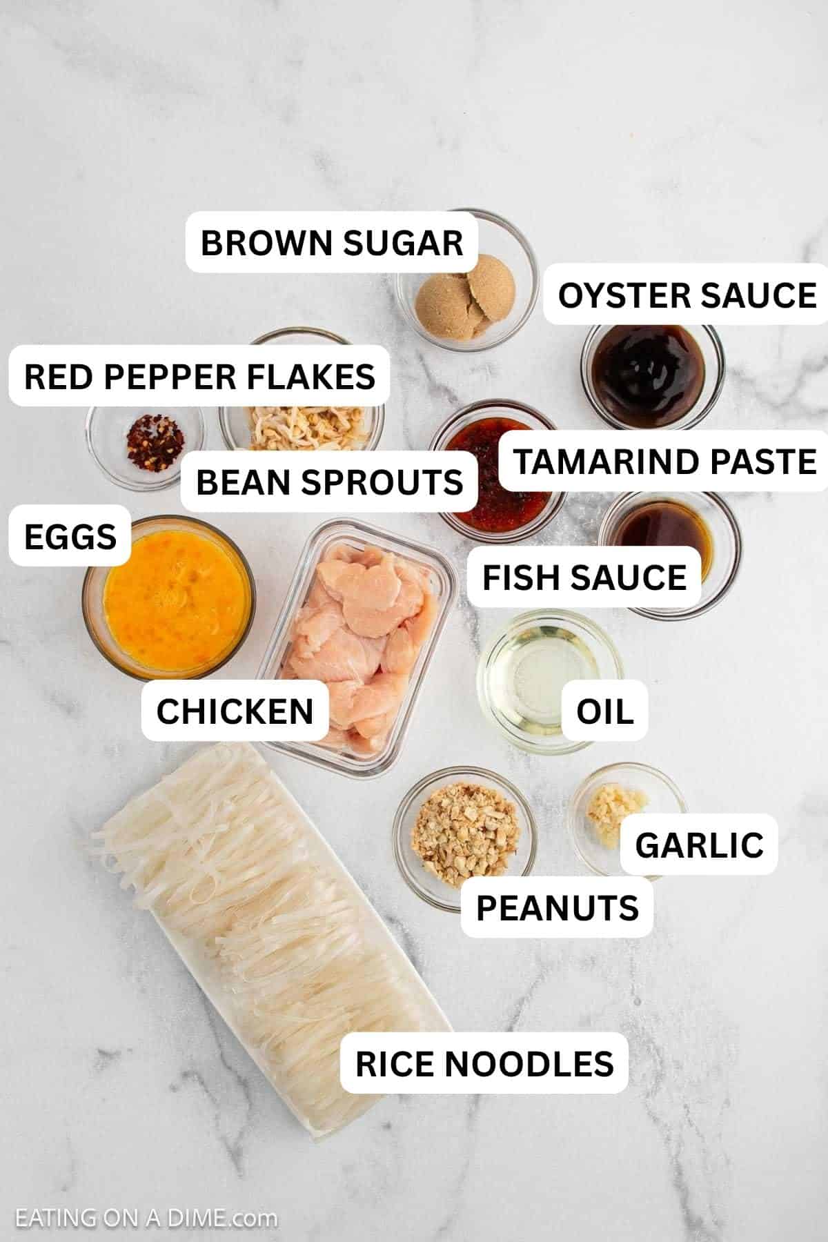 Ingredients needed for this recipes, including raw chicken pieces, uncooked rice noodles, beaten eggs, sauces, spices, sugar, chopped peanuts, and minced garlic in small bowls.