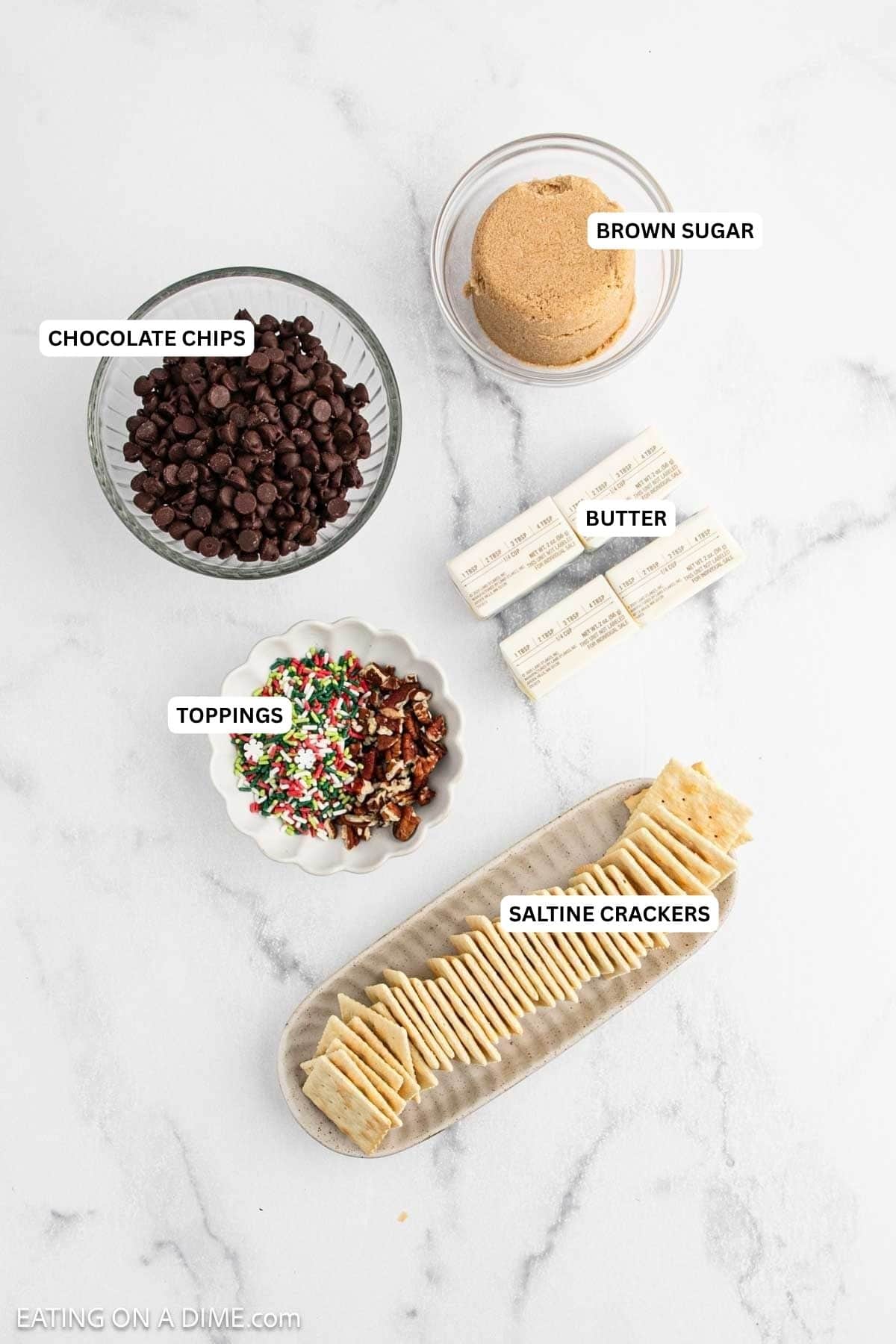 Ingredients for recipe: brown sugar, chocolate chips, butter, toppings and saltine crackers.