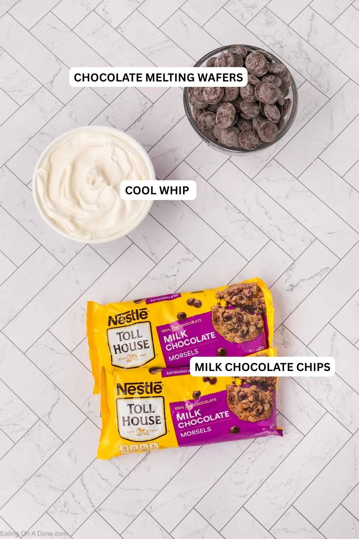 Ingredients for recipe: cool whip, milk chocolate chips and chocolate melting wafers.