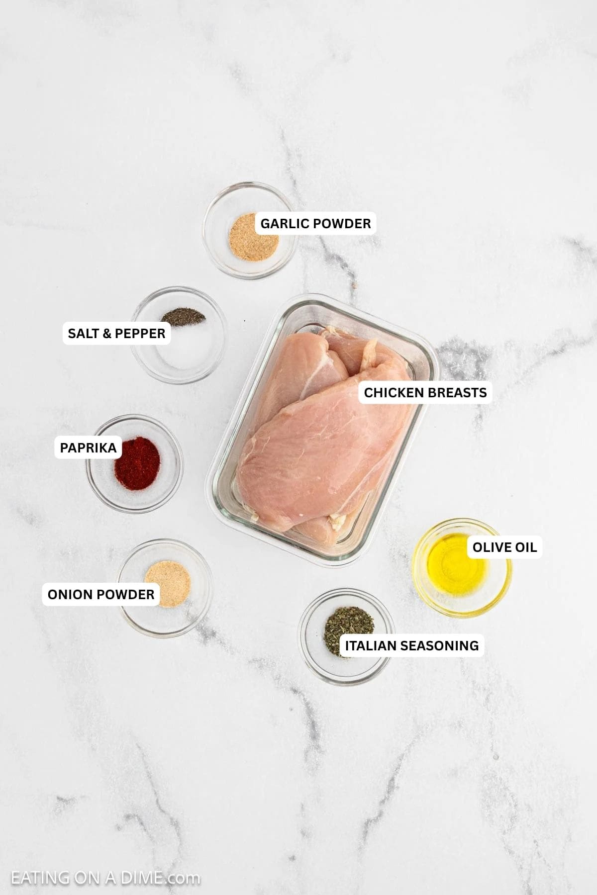 Ingredients for recipe: garlic powder, salt, pepper, chicken breasts, paprika, olive oil, onion powder and Italian seasoning.