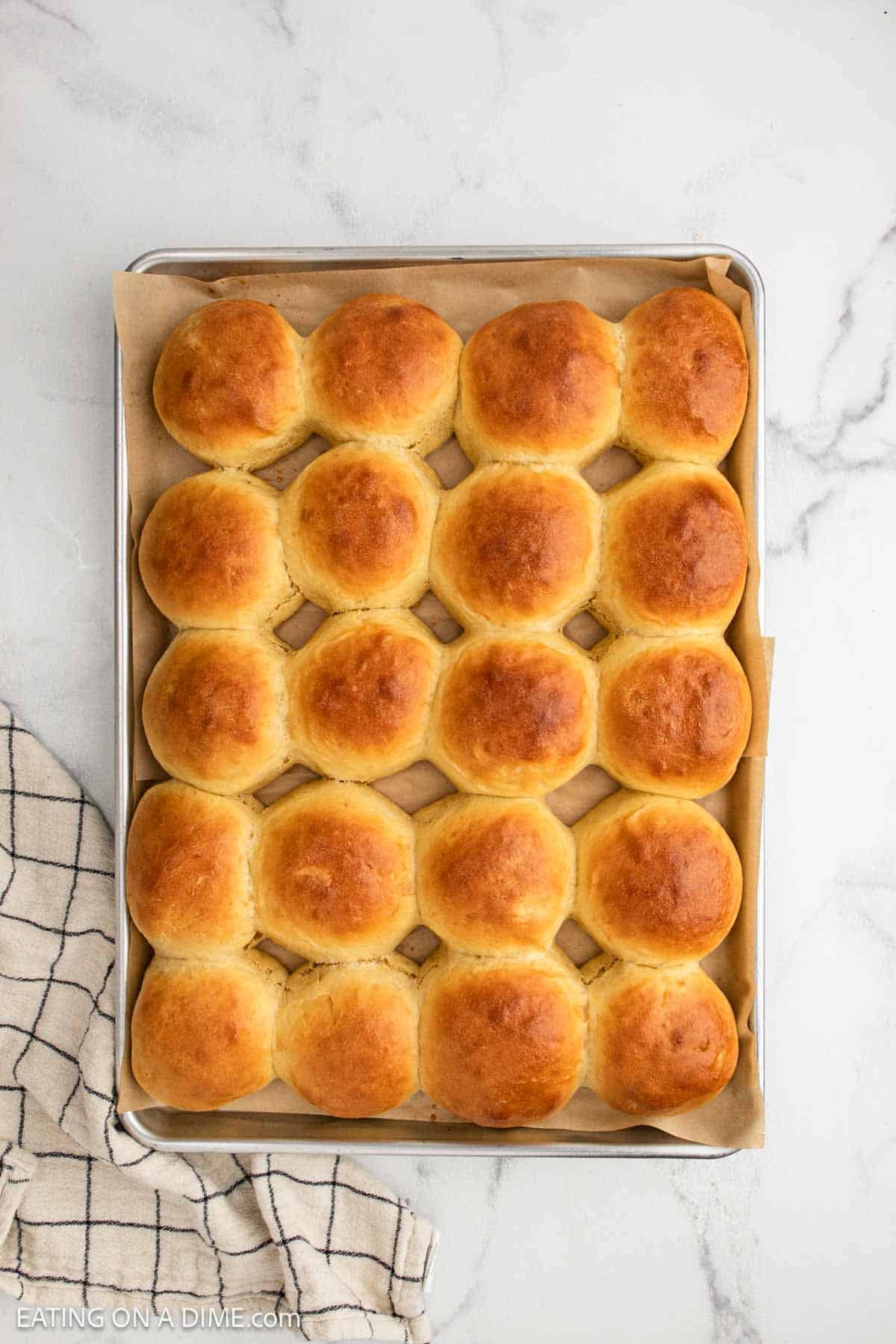 A baking sheet lined with parchment paper holds 20 golden-brown dinner rolls arranged in a grid. The tray sits on a white marble surface next to a beige and black checkered kitchen towel.