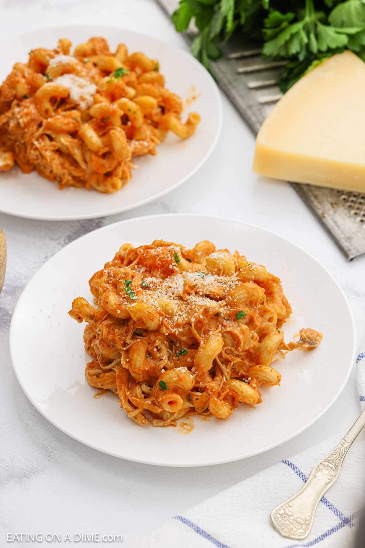 A serving of cook pasta and shredded chicken covered in sauce on a white plate.