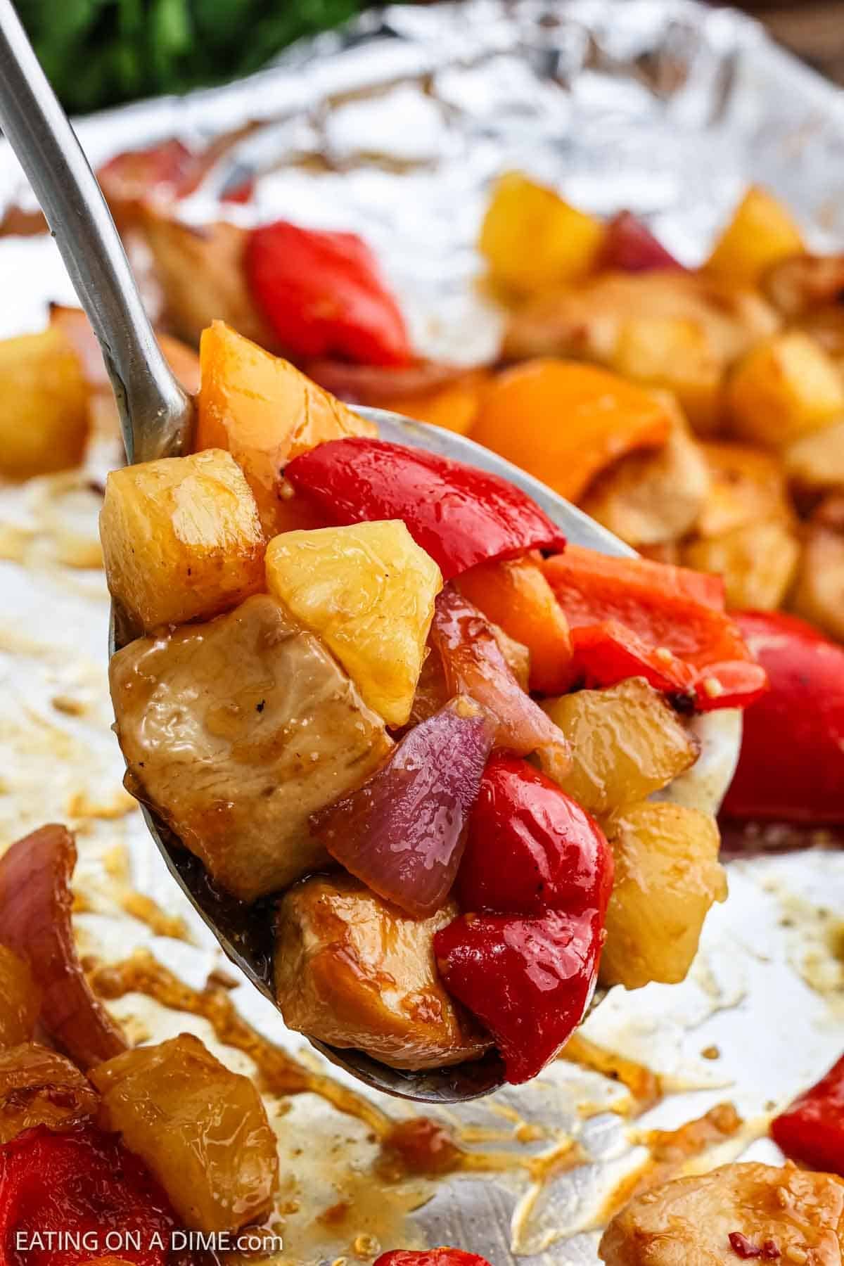 A close-up of a spoonful of the meal.