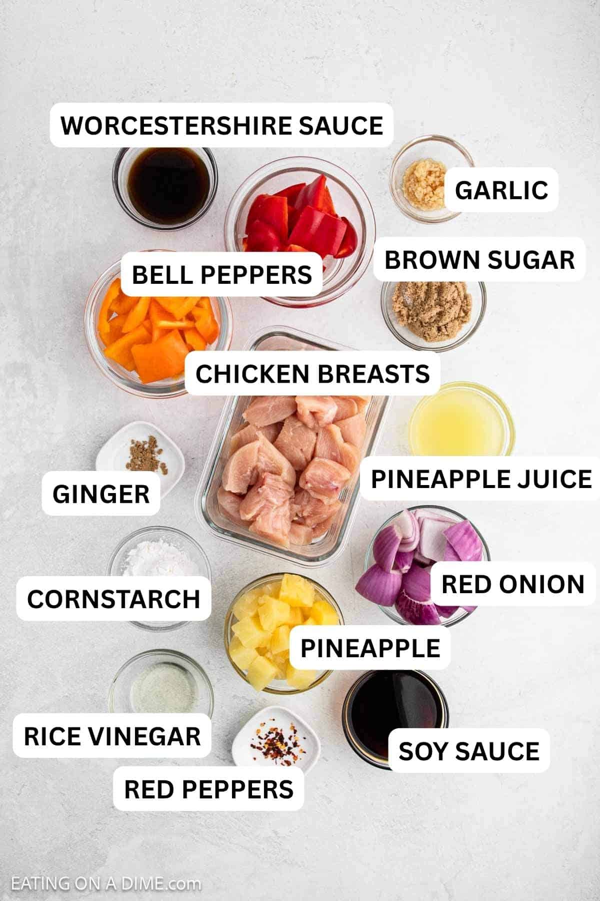 Ingredients to make this recipe which includes chicken breasts, soy sauce, bell peppers and more.