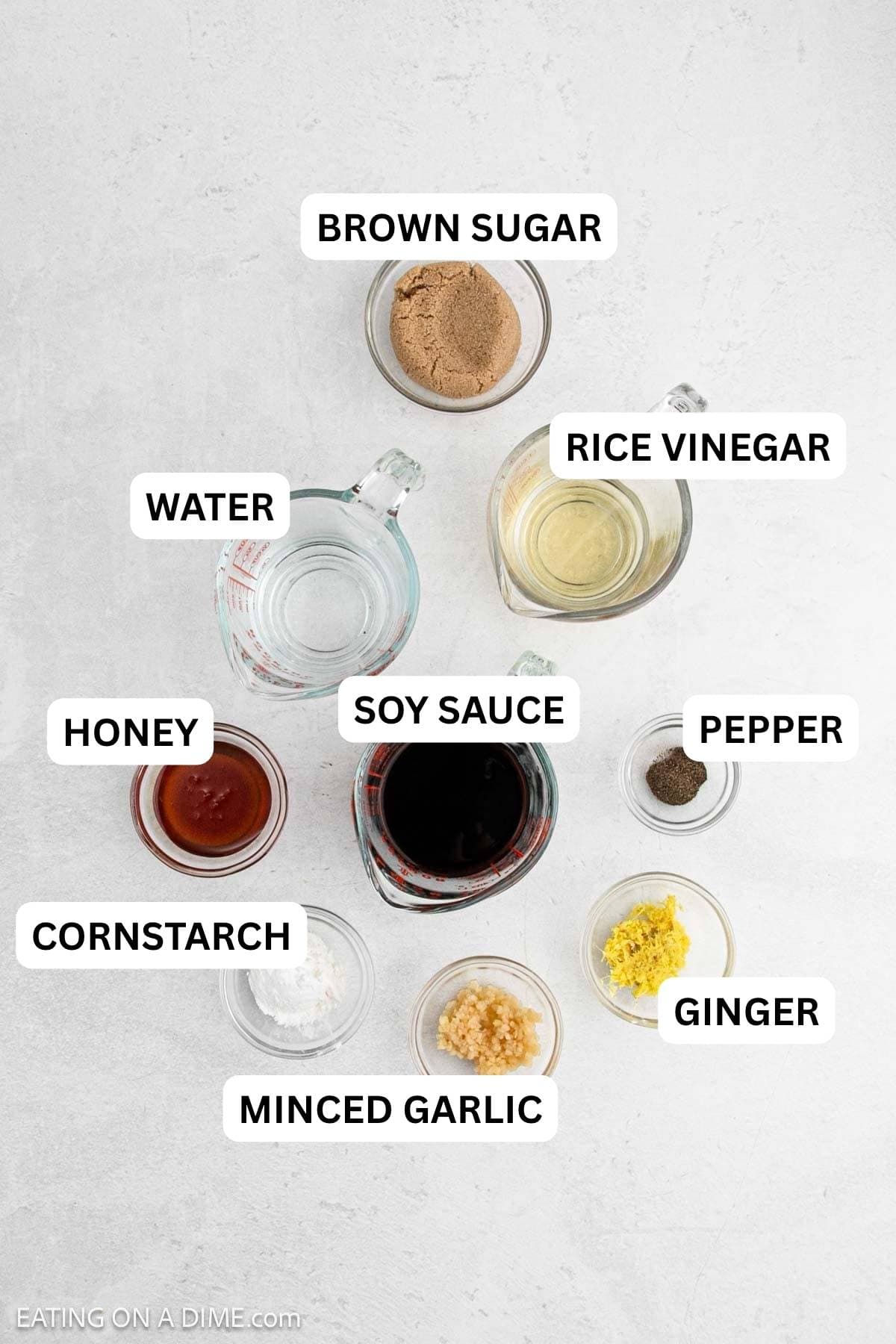 Ingredients to make recipe which includes brown sugar, soy sauce, rice vinegar and more.
