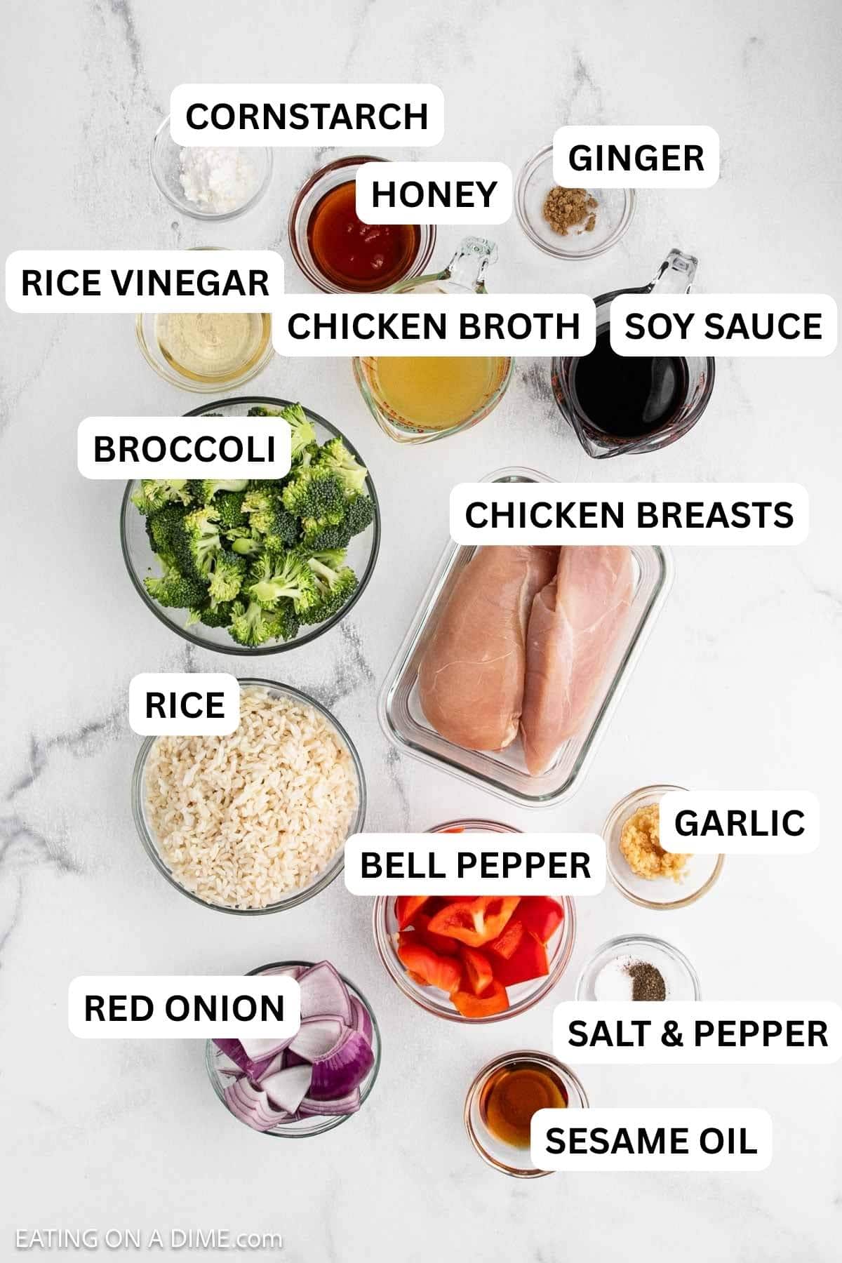 Ingredients need to make this recipe which include chicken, broccoli, rice, red onion, bell pepper and more.