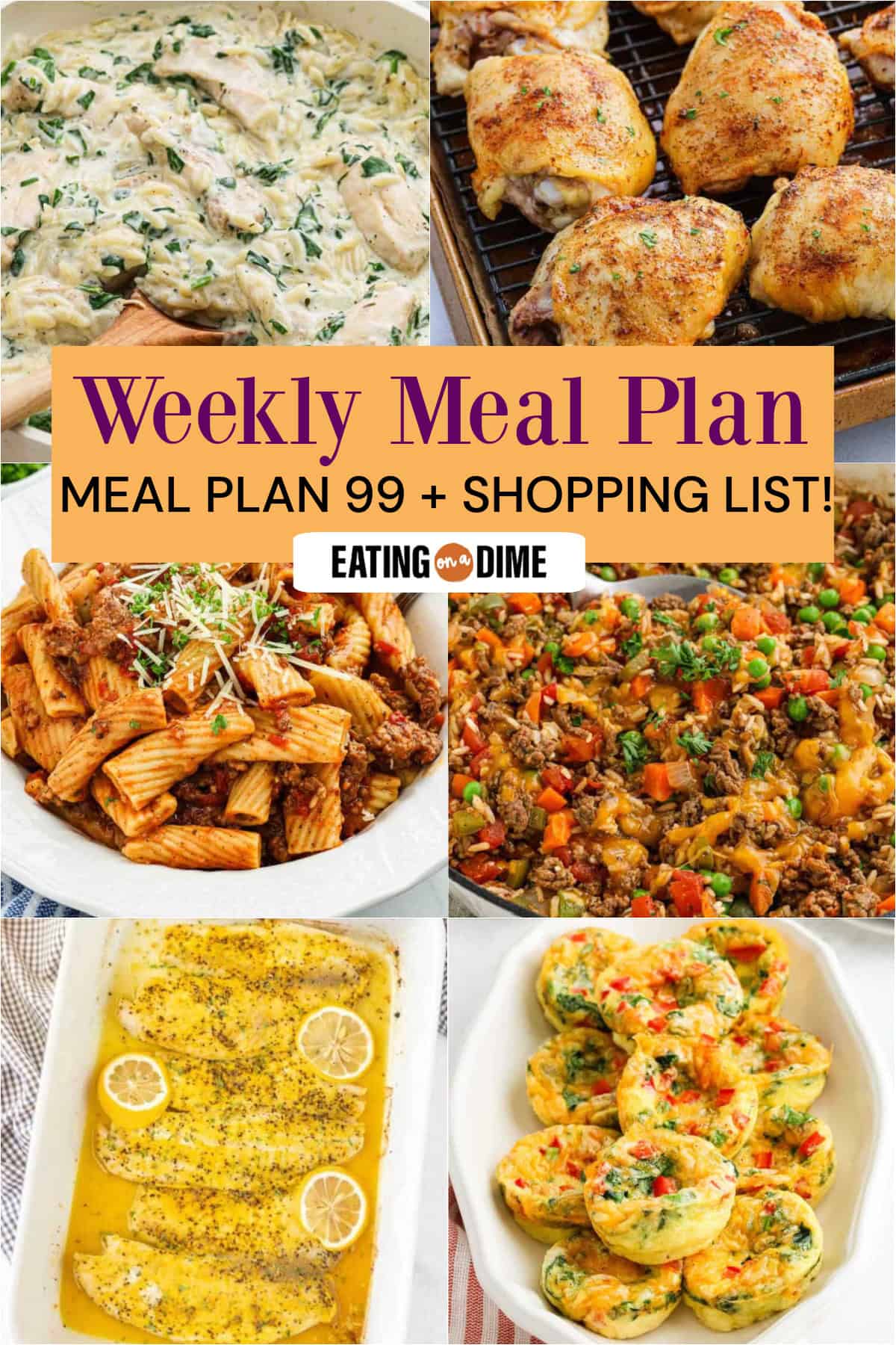 A collage of six dishesโLemon Chicken Orzo, Baked Chicken Thighs, Crock Pot Rigatoni, Beef and Rice, Baked Tilapia, Cottage Cheese Egg Bitesโshowcases the Meal Plan 99 weekly menu with an easy shopping list.