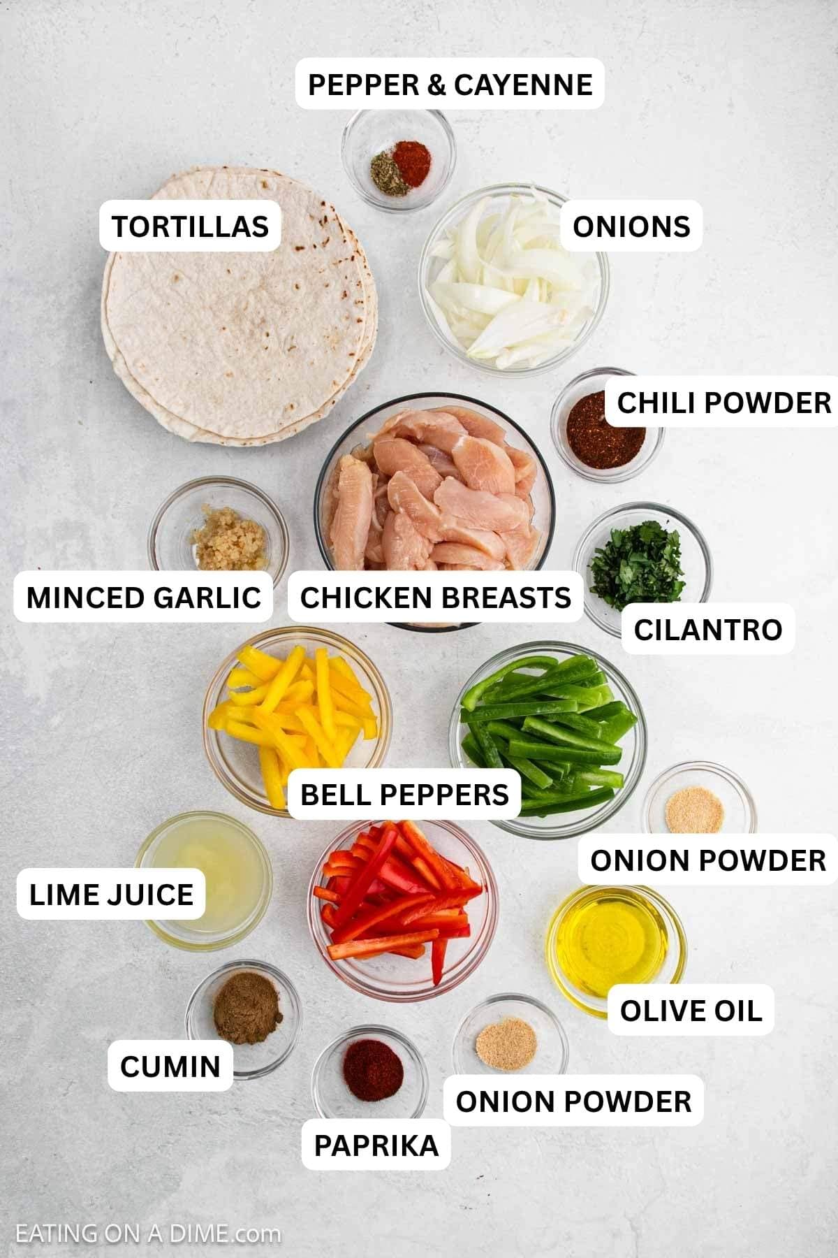 Ingredients includes tortilla wraps, raw chicken strips, sliced onions, colorful bell peppers, chopped cilantro, and various spices.