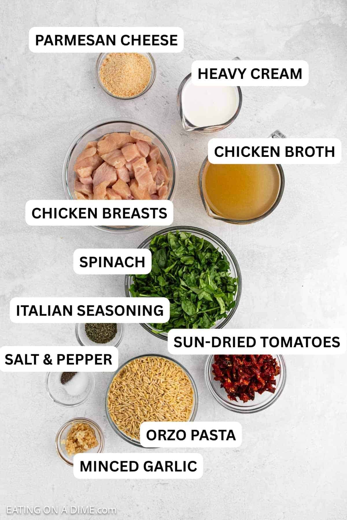 Ingredients needed to make this recipe which includes chicken, orzo, spinach, sun dried tomatoes, chicken broth and more.