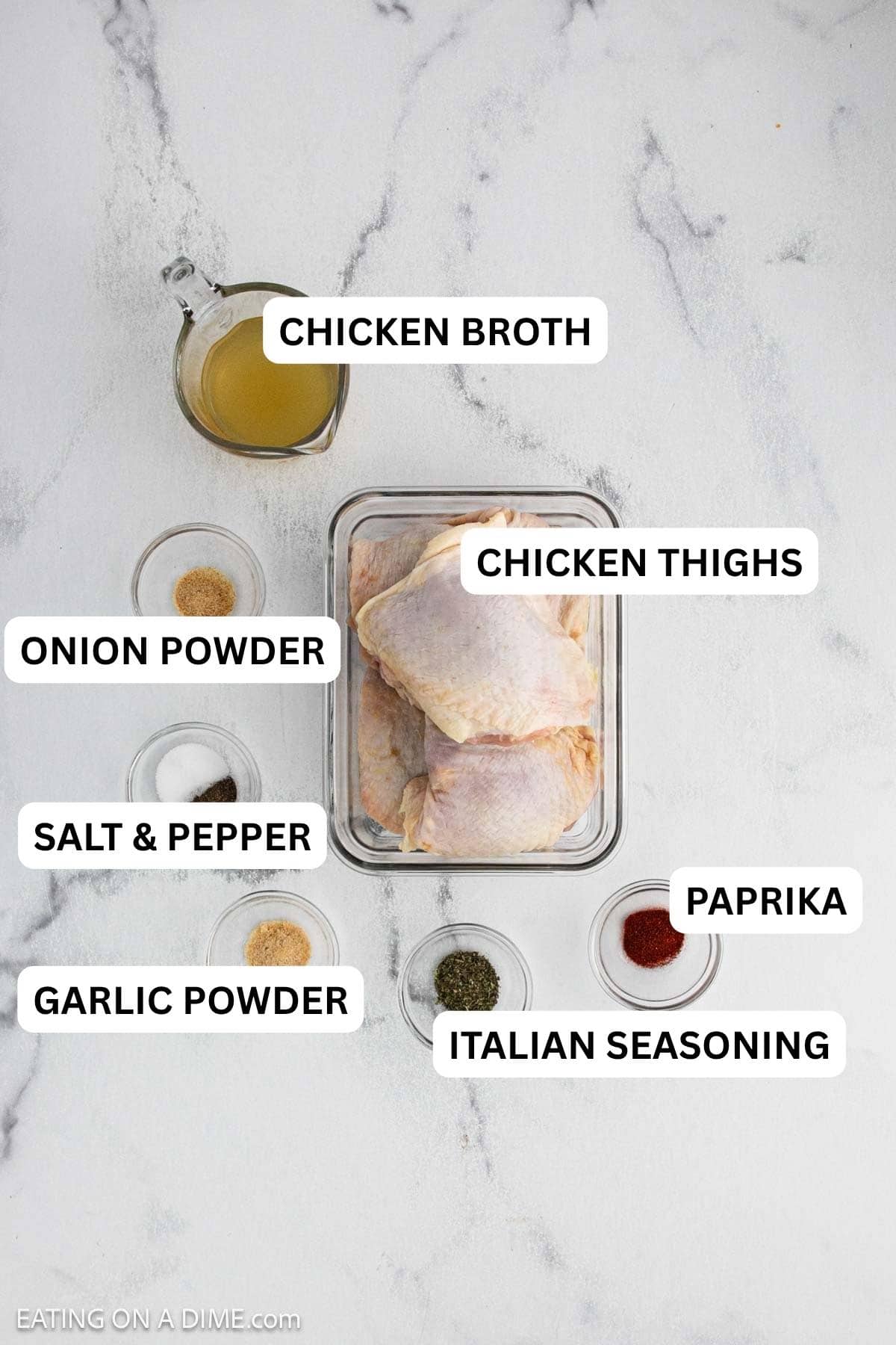 Ingredients needed to make this recipe which includes raw chicken thighs, chicken broth and a blend of spices.