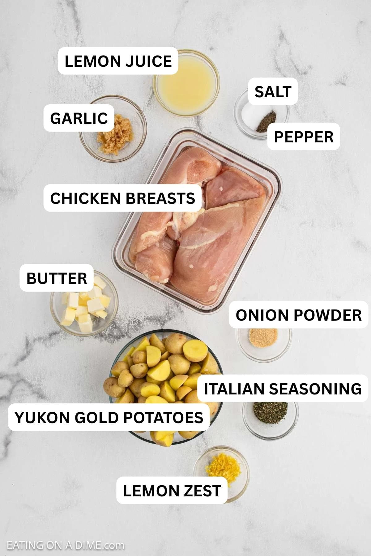 Ingredients need to make this recipes which includes, diced potatoes, chicken breast, butter, minced garlic, fresh lemon and spices.