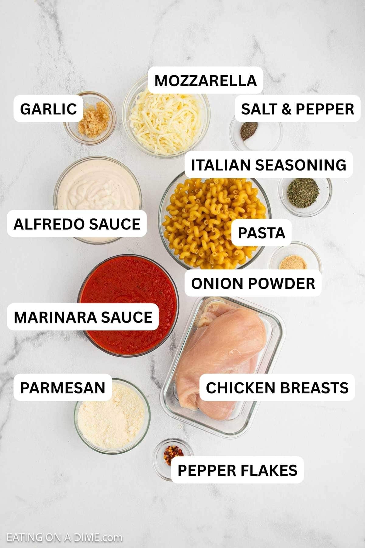 Ingredients need to make this recipe which includes chicken breasts, pasta, sauce, and more.