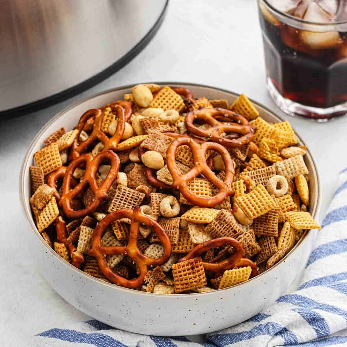 Chex Mix in a bowl.