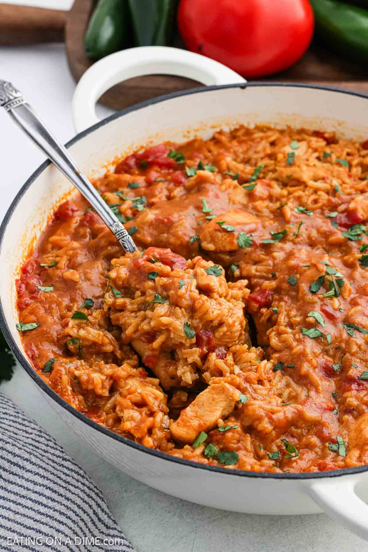 Chicken and rice mixture in a large pot.