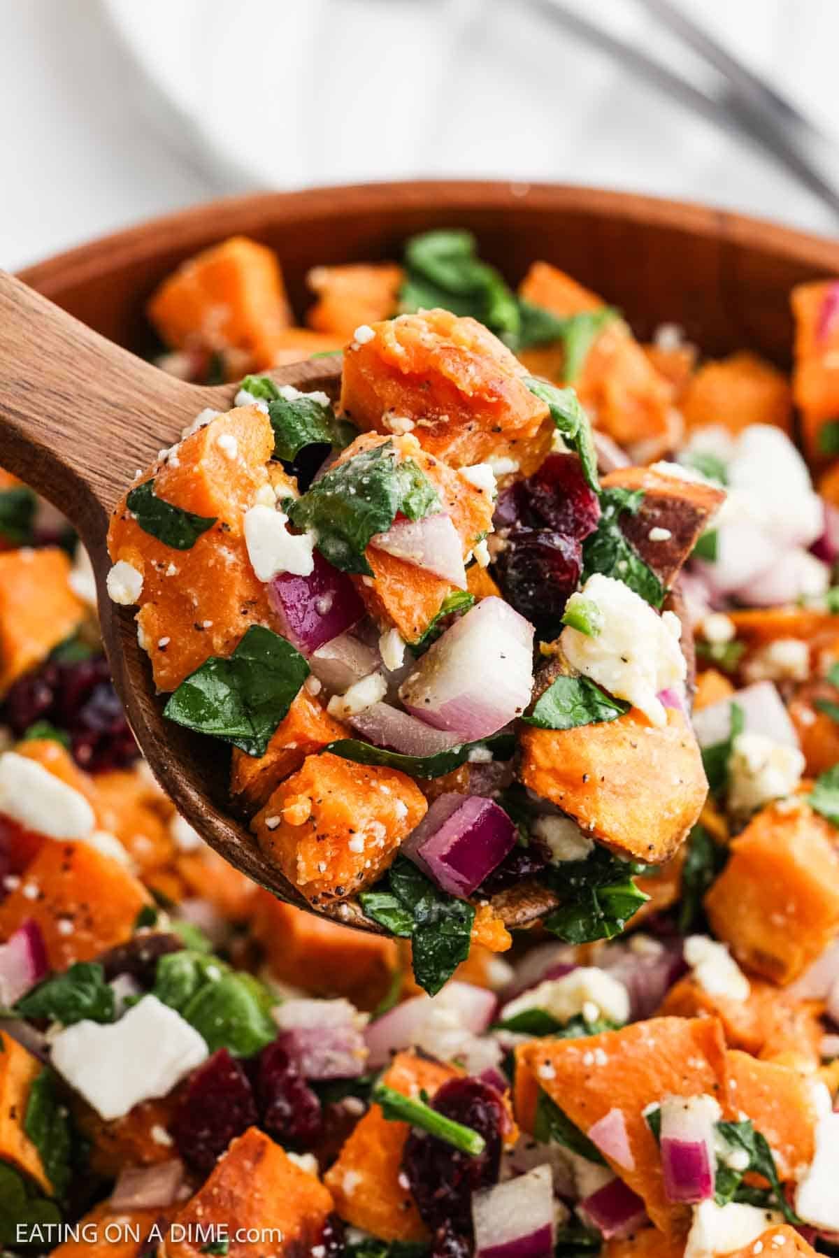 Serving of the salad in a wooden spoon over a bowl of the salad.