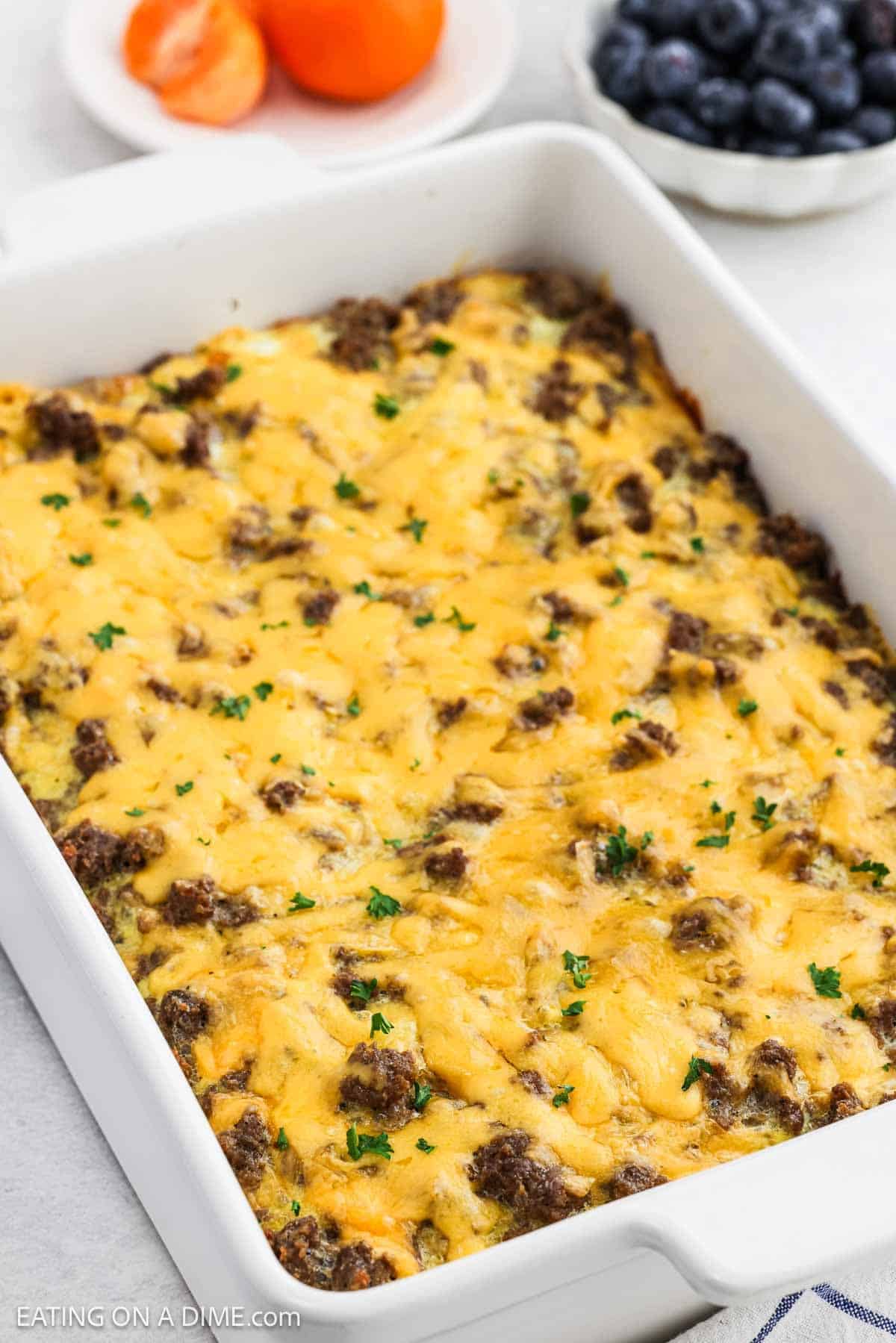 Breakfast casserole in a baking dish.
