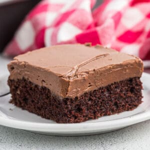 A serving of chocolate sheet cake with thick chocolate frosting on a plate.