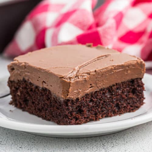 A serving of chocolate sheet cake with thick chocolate frosting on a plate.