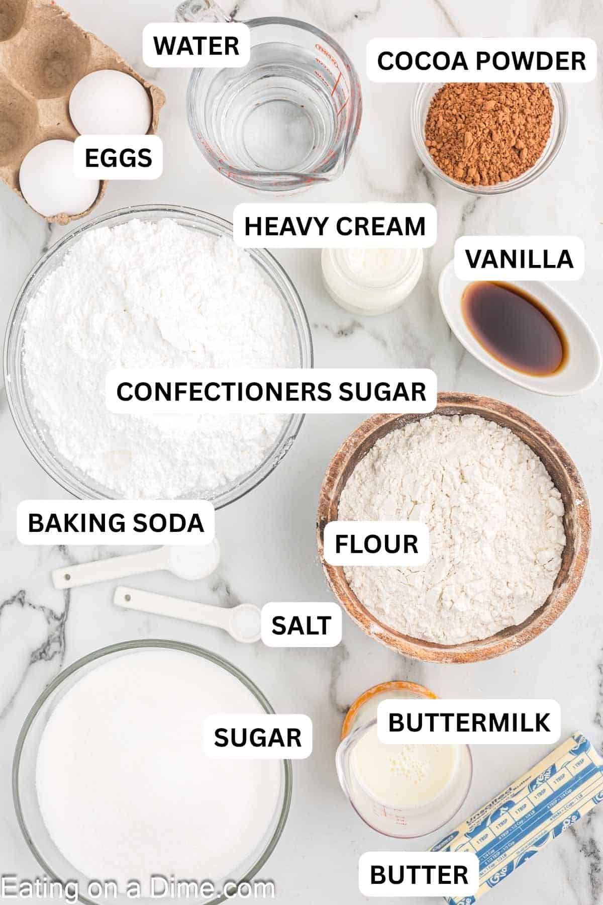 Ingredients needed to make this recipe which includes butter, flour, sugar, baking soda, salt, eggs, cocoa powder, and more.
