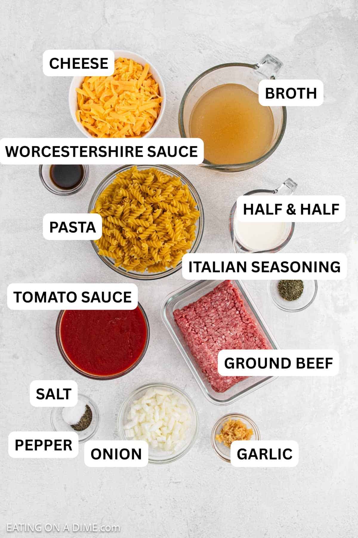 Ingredients need to make this recipe which includes beef, onion, garlic, Italian Seasoning, Worcestershire Sauce, tomato sauce, broth and more.
